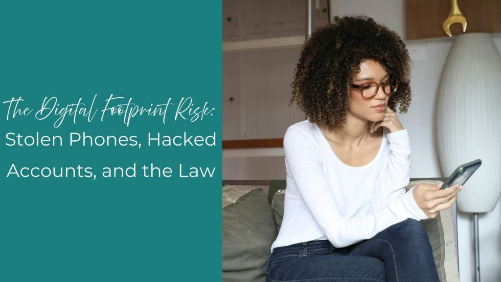 woman sitting on couch looking at cell phone in her hand