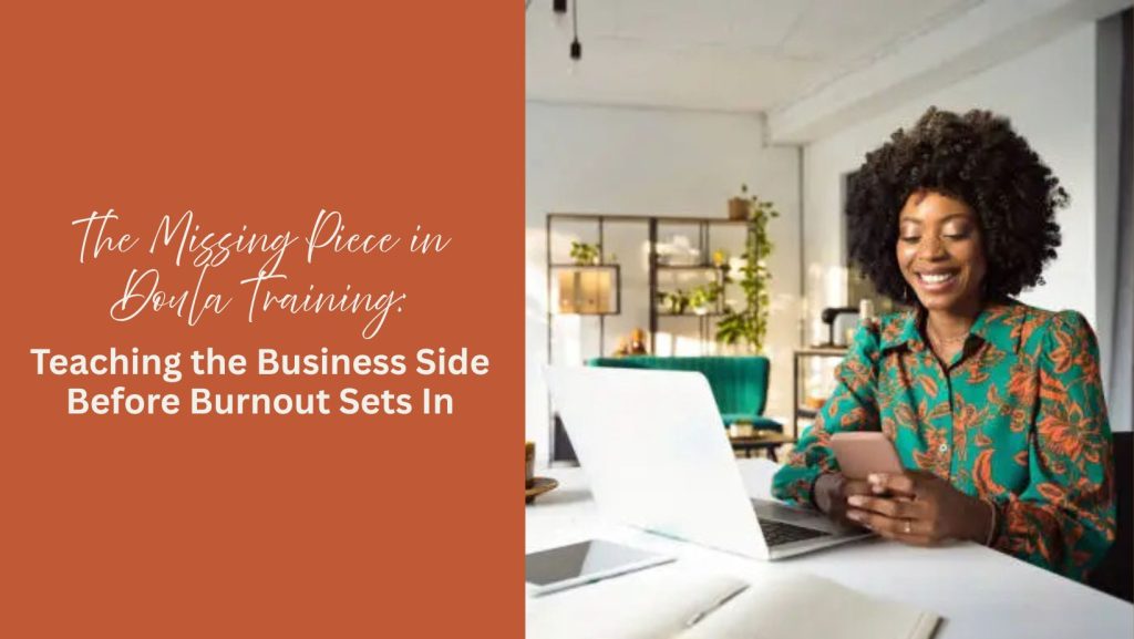 woman sitting at table with laptop open and cell phone in hand smiling
