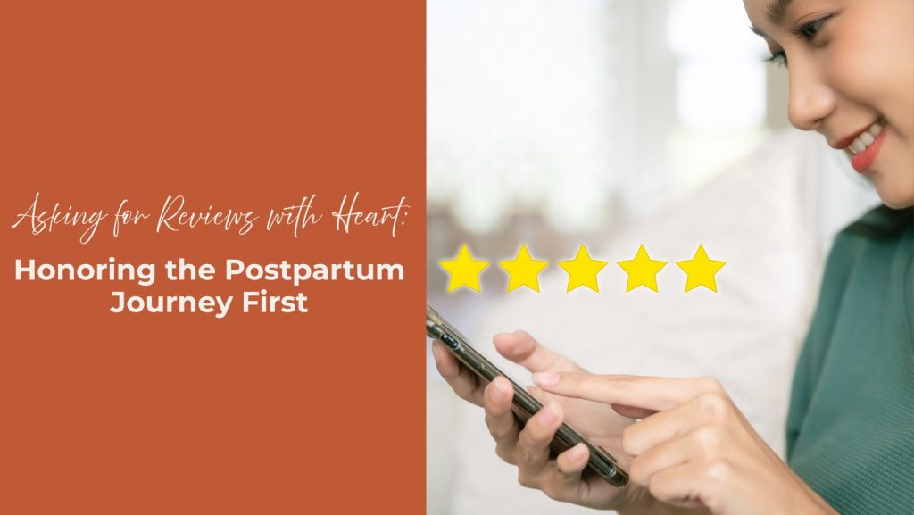 woman holding phone leaving a review with 5 stars