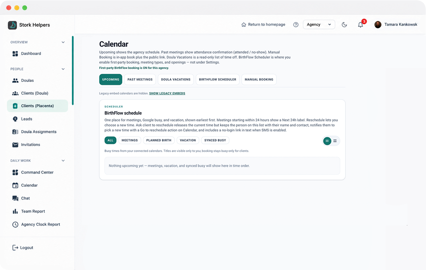 BirthFlow schedule and upcoming calendar view