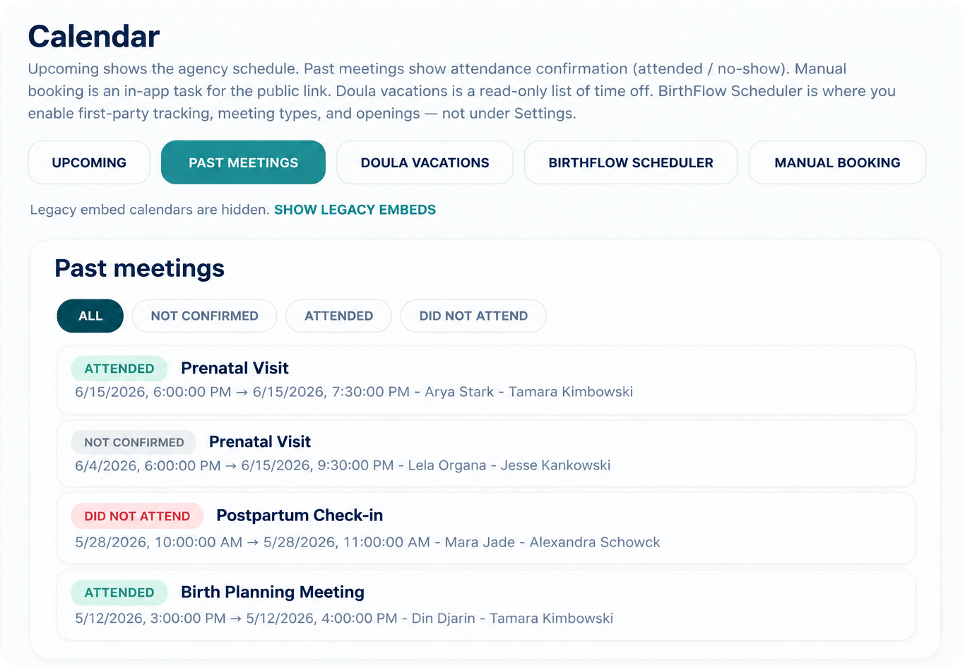 BirthFlow Agency Calendar dashboard