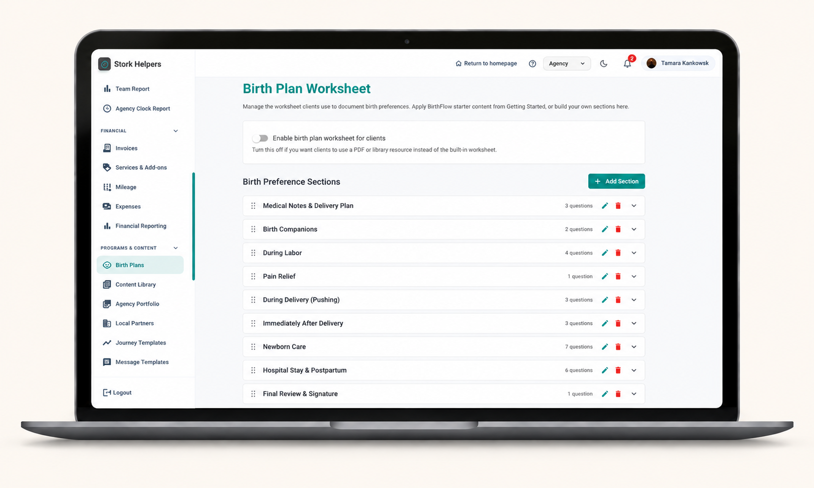 BirthFlow birth plan screen