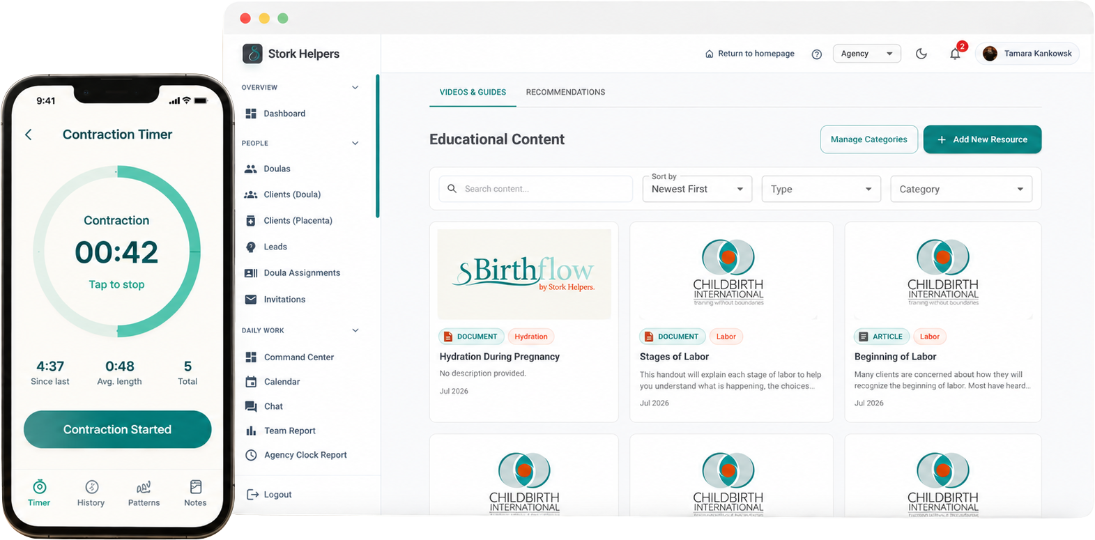 BirthFlow Contraction Timer and Educational Content interface