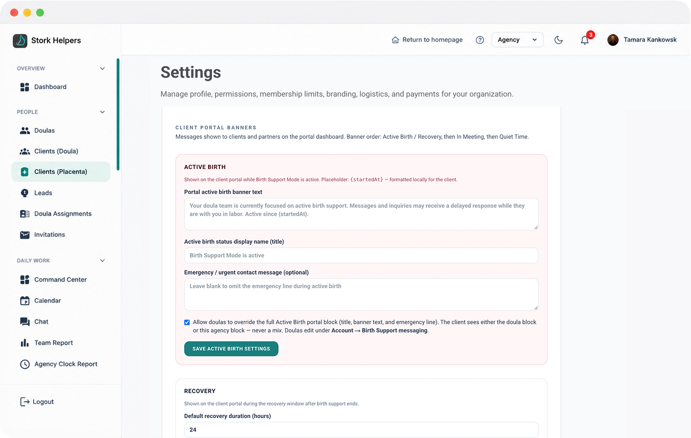 BirthFlow active birth and client portal message settings