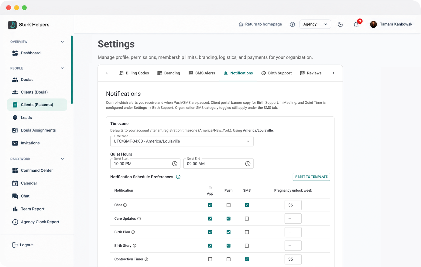 BirthFlow quiet hours and notification schedule settings