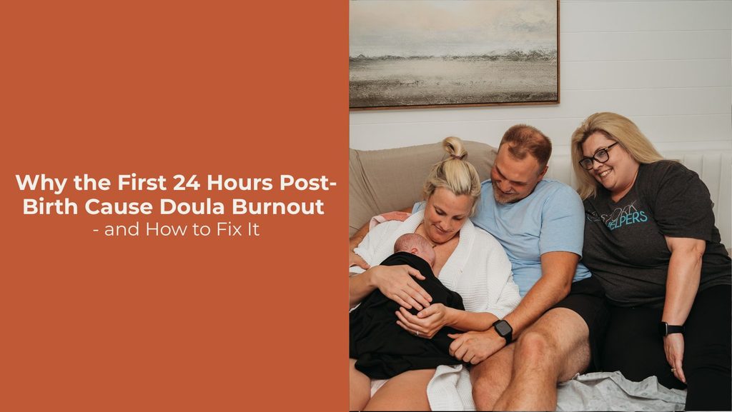 doula sitting on bed with couple after homebirth