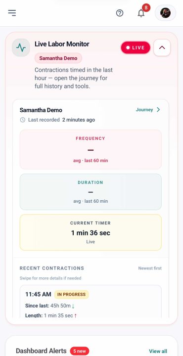 image of the Birthflow app displaying the contraction timer feature.