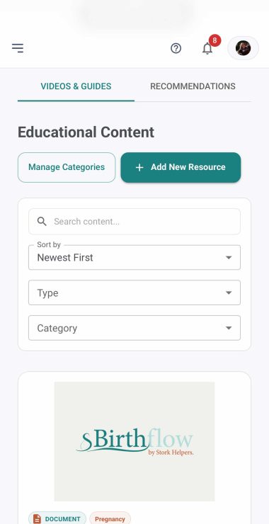 image of the Birthflow app displaying the educational content and learning library features